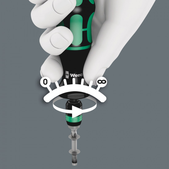 Wera serie 7400 kraftform draaimomentschroevendraaiers, met een af fabriek vast vooringestelde meetwaarde (0,1-1,5 nm) en rapidaptor snelwisselhouder, handgreepmaat 89 mm, 7451 x 0,3 nm x 0,3-1,0 nm