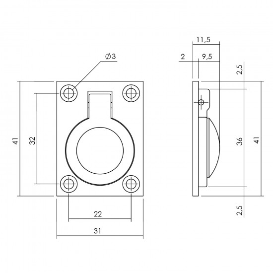 Intersteel LUIKRING RECHTHOEKIG 41 X 31 MM MAT ZWART