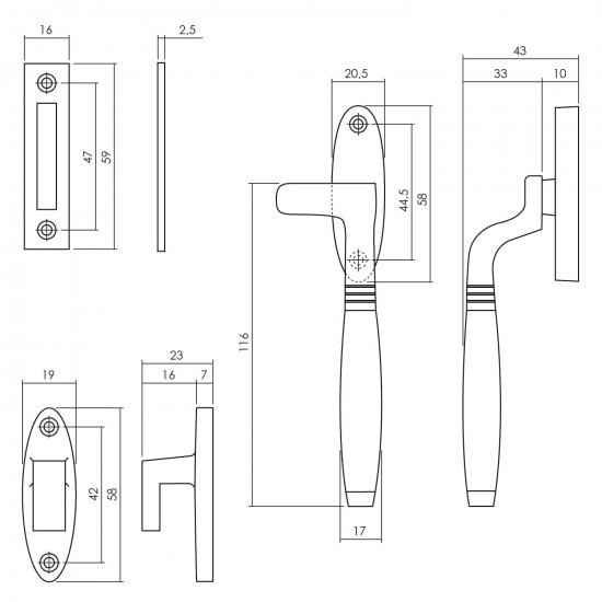 INTERSTEEL RAAMSLUITING TON RECHTS MESSING GELAKT / EBBENHOUT