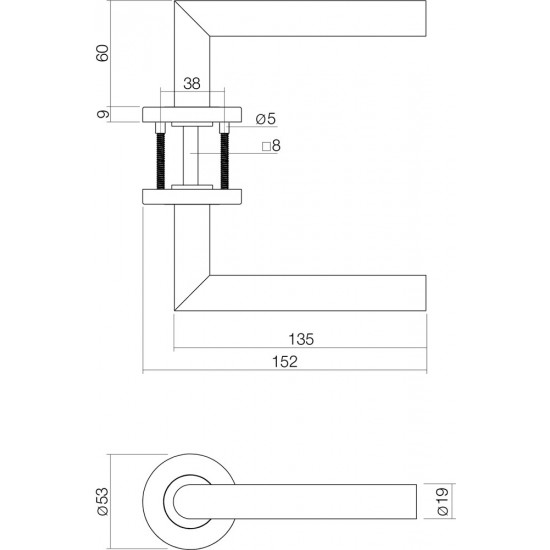 INTERSTEEL DEURBESLAG SET WC-SLOT 63/8MM RVS + DEURKRUK HOEK 90Â° RVS