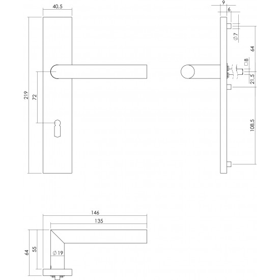 Intersteel DEURKRUK HOEK 90Â° OP RECHTHOEKIG SCHILD SLEUTELGAT 72 MM R