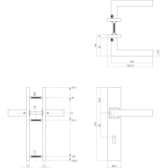 Intersteel DEURKRUK VIERKANT OP RECHTHOEKIG SCHILD SLEUTELGAT 56 MM RV