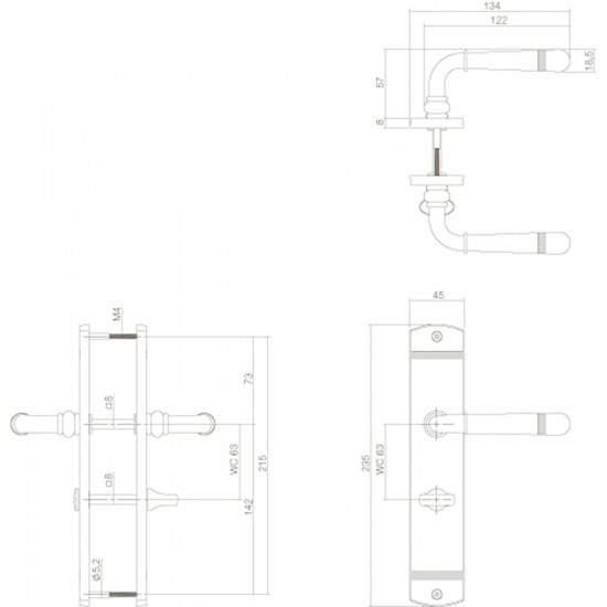 Intersteel DEURKRUK EMILY OP SCHILD 235X45X8 MM MET WC63/8 MM MESSING