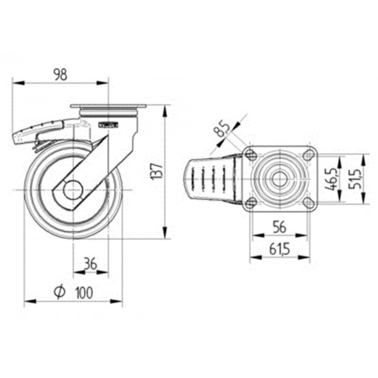 ZWENKWIEL MET DUBBELE REM, VORK EN WIEL VAN HOOGWAARDIG SYNTHETISCH MATERIAAL, ZWENKLAGER MET DUBBELE KOGELDRAAIKRANS, BOUTGAT. WIELKERN VAN POLYPROPYLEEN MET GRIJZE NIET-STREPENDE TENTEPRENE THERMOPLASTISCHE RUBBERBAND, WIELNAAF OP PRECISIEKOGELLAG