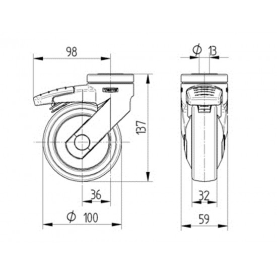 ZWENKWIEL MET DUBBELE REM, VORK EN WIEL VAN HOOGWAARDIG SYNTHETISCH MATERIAAL, ZWENKLAGER MET DUBBELE KOGELDRAAIKRANS, BOUTGAT. WIELKERN VAN POLYPROPYLEEN MET GRIJZE NIET-STREPENDE TENTEPRENE THERMOPLASTISCHE RUBBERBAND, WIELNAAF OP PRECISIEKOGELLAG