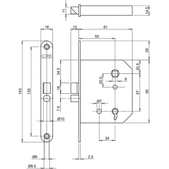 213211U18 PER 60 DEURSLOT, DM55MM, S57MM, VOORPLAAT STAAL GELAKT 18X153MM AFGEROND, PER 60 STUKS VERPAKT, DR 1+3/2+4.