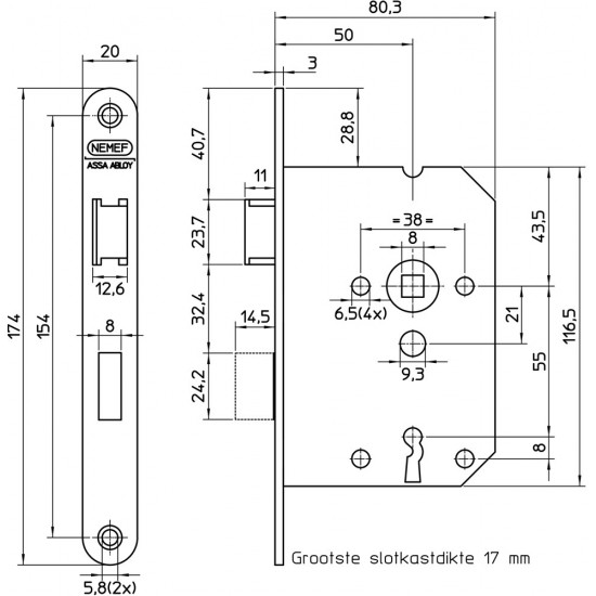 1266/3-50 DEURSLOT DM50 KLAVIER 55MM