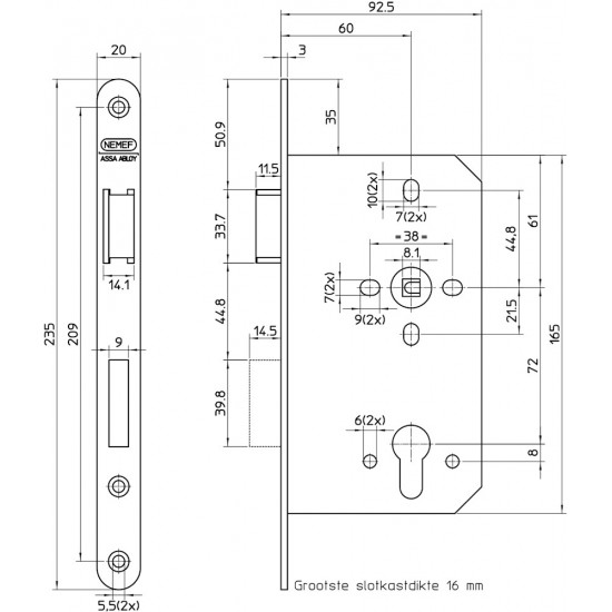 649/46-60 DR.1 PANIEKDEURSLOT, DM60MM, PC72MM, KRUKGAT 8MM GEDEELD, VOORPLAAT RVS 20X235MM AFGEROND, MESSING DAG- EN NACHTSCHOOT, EN179, CE MARKERING, DR 1.