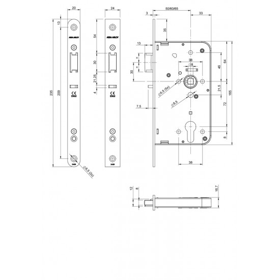 242617U2060-1 CENTRAALSLOT, DM60MM, PC72MM, KRUKGAT 8MM, VOORPLAAT RVS 20X235MM AFGEROND, SLUITPLAAT SPT2421 R, DR 1+3.