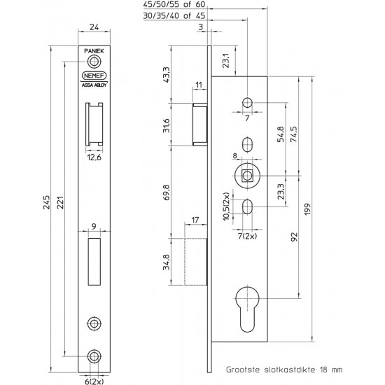 9673/07-35 DR.3 PANIEKDEURSLOT, DM35MM, PC92MM, GEDEELDE KRUKGAT 8MM, VOORPLAAT RVS 24X245MM RECHTHOEKIG, ZAMAC VERNIKKELDE DAG- EN NACHTSCHOOT, EN179, EN12209, CE MARKERING, DR 3/2.