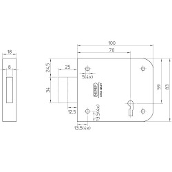 91/11-70 BLIS. OPLEGSLOT, DM70MM, KLAVIERSLEUTEL, SLOTKAST STAAL VERZINKT 83X100MM, STAAL VERZINKTE NACHTSCHOOT, 2 SLEUTELS, SLUITPLAAT P 1256/12, BLISTERVERPAKKING, DR 1+2+3+4.