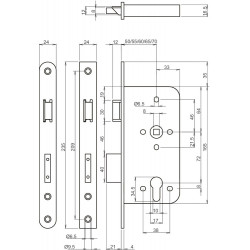 242217T2470 VEILIGHEIDSDEURSLOT, SKG**, DM70MM, PC72MM, KRUKGAT 8MM, VOORPLAAT RVS 24X235MM RECHTHOEKIG, DR 1+3/2+4.