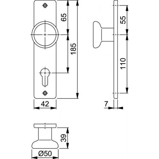 Hoppe knopschild pc72 recht 185x42mm