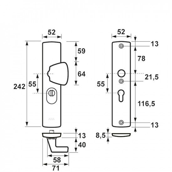 AXA veiligheidsbeslag curve plus s-knop pc55 anti-kerntrek/omkeerbaar/242x52x13/alu. gesl. f1/skg3