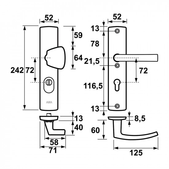 AXA veiligheidsbeslag curve plus s-knop+kruk blok pc72 anti-kerntrek/omkeerb/242x52x13/alu gesl f8/skg3