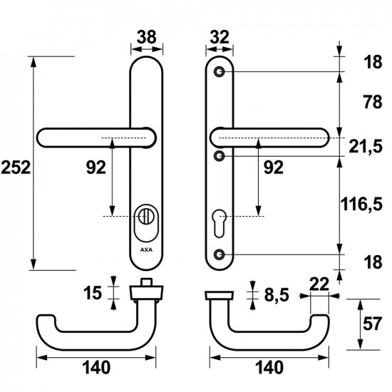 AXA veiligheidsbeslag oval plus smal kruk u pc92 anti-kerntrek/252x38x15/alu. gesl. f1/skg3