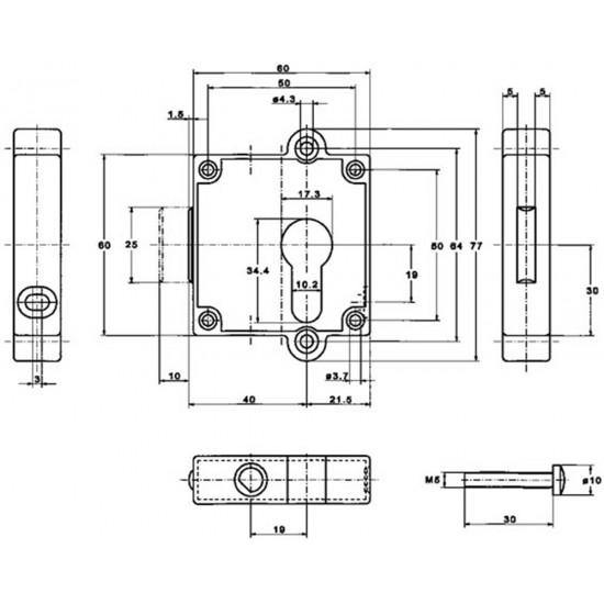 7403 40MM DREHSTANGENSCHLOSSERAUFLIEGEND, PZ-GELOCHT,AXIAL VERSTELLBAR