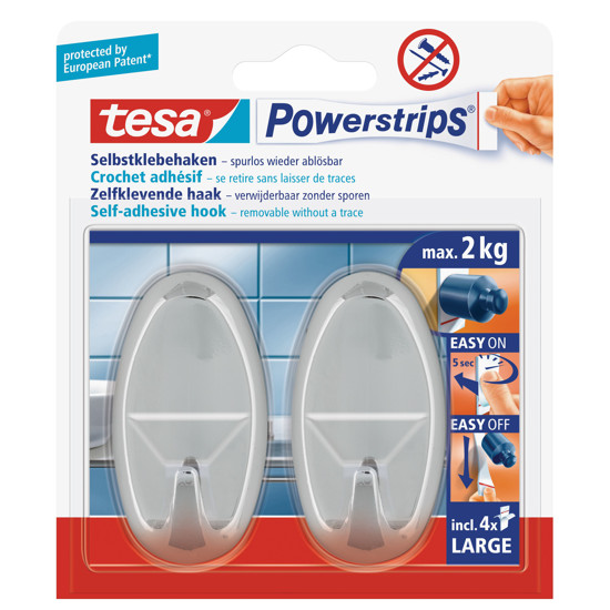 TESA POWERSTRIPS HAAKJES LARGE, OVAAL, CHROOM